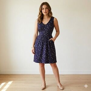 Boden Navy Gold Polka Dot Sleeveless Pocket Dress U Neck Modal Cotton Blue 8P